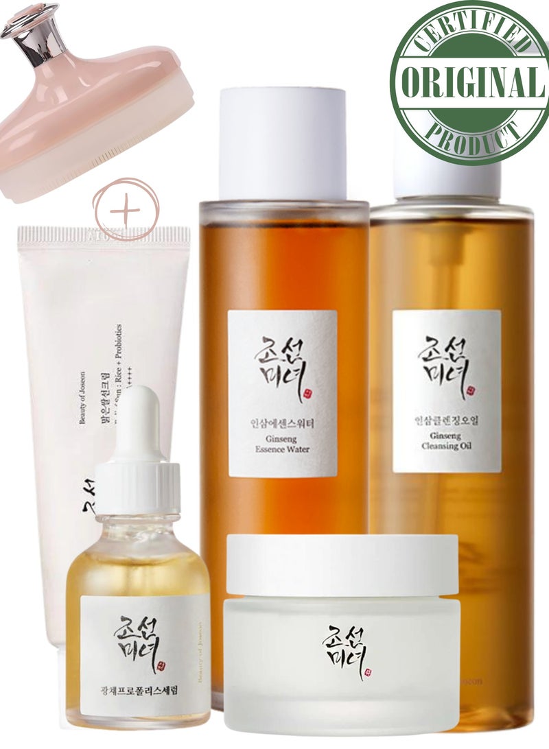 Infinite Hydration Collection Pack For Natural Glow & Face Scrubber - Ginseng Cleansing Oil, Ginseng Essence Water, Glow Serum, Dynasty Cream, & Sunscreen Rice + Probiotics SPF50+ PA++++ 410ml