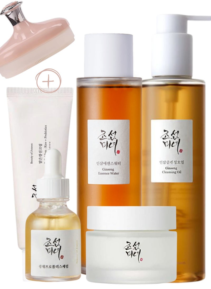 Infinite Hydration Collection Pack For Natural Glow & Face Scrubber - Ginseng Cleansing Oil, Ginseng Essence Water, Glow Serum, Dynasty Cream, & Sunscreen Rice + Probiotics SPF50+ PA++++ 410ml