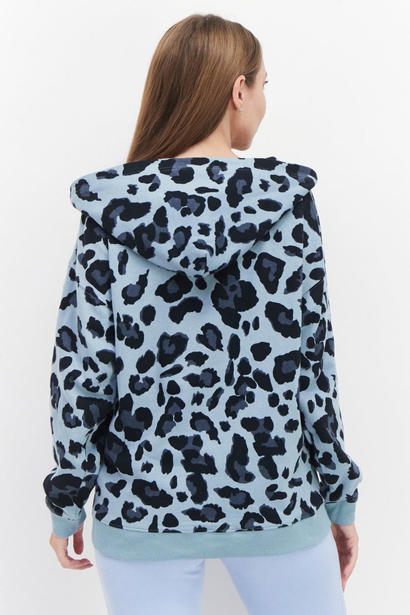 Women Animal Print Long Sleeve Hoodie, Mint Green