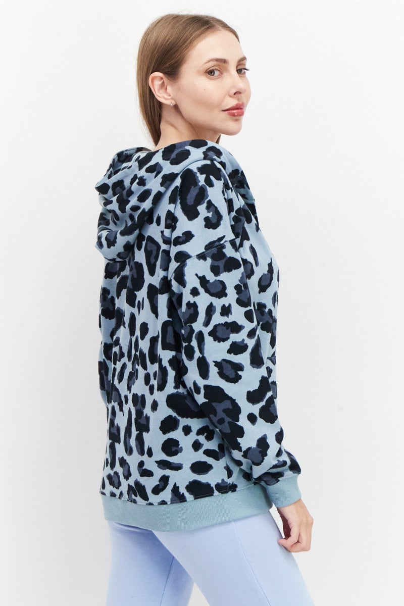 Women Animal Print Long Sleeve Hoodie, Mint Green
