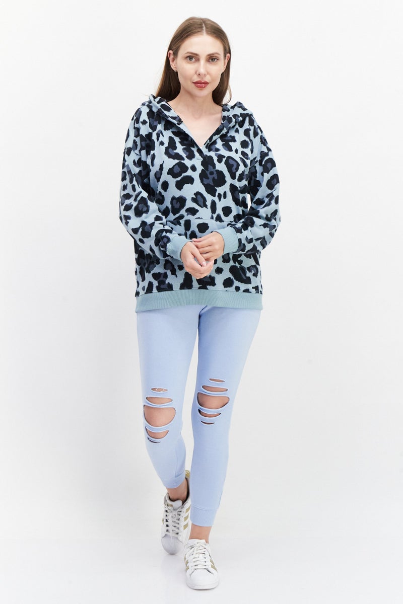 Women Animal Print Long Sleeve Hoodie, Mint Green