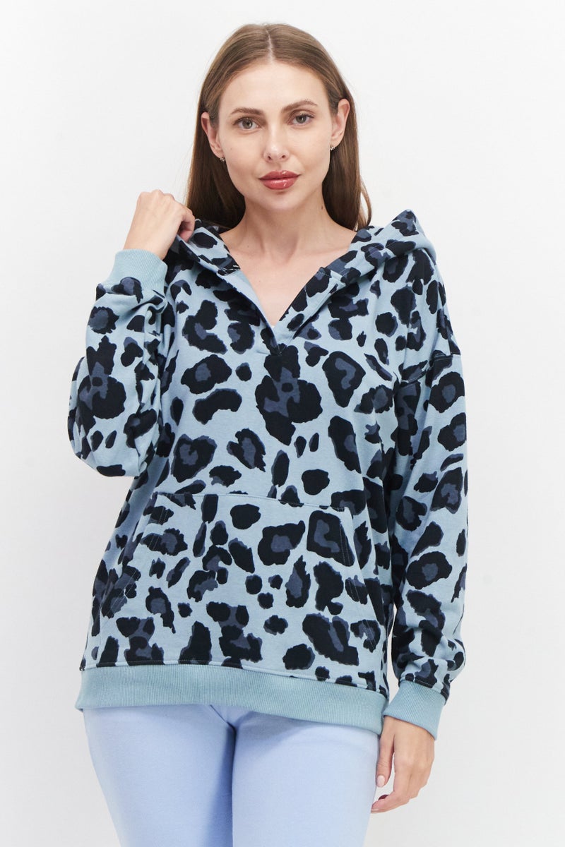 Women Animal Print Long Sleeve Hoodie, Mint Green