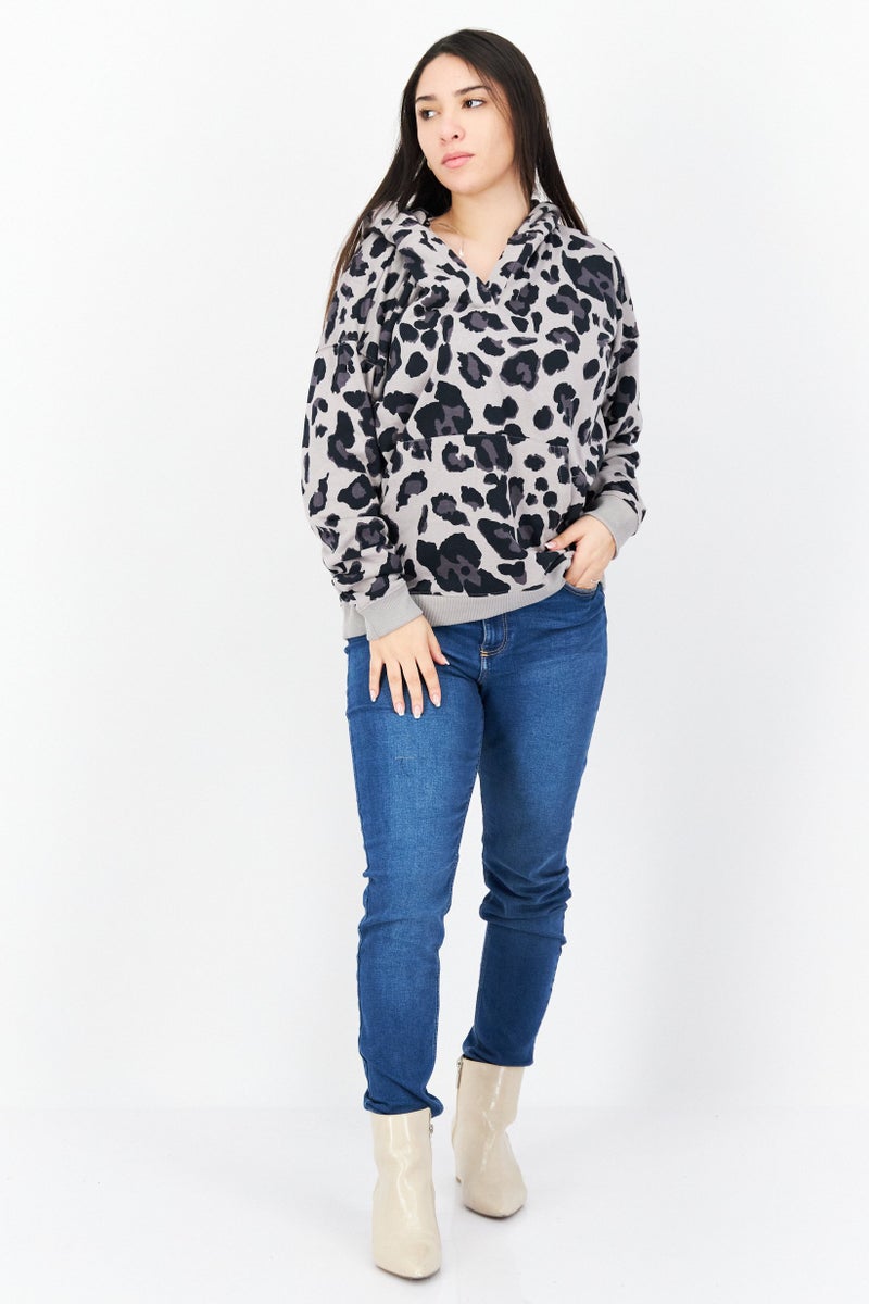 Women Hooded Long Sleeve Animal Print Sweatshirt, Black Combo