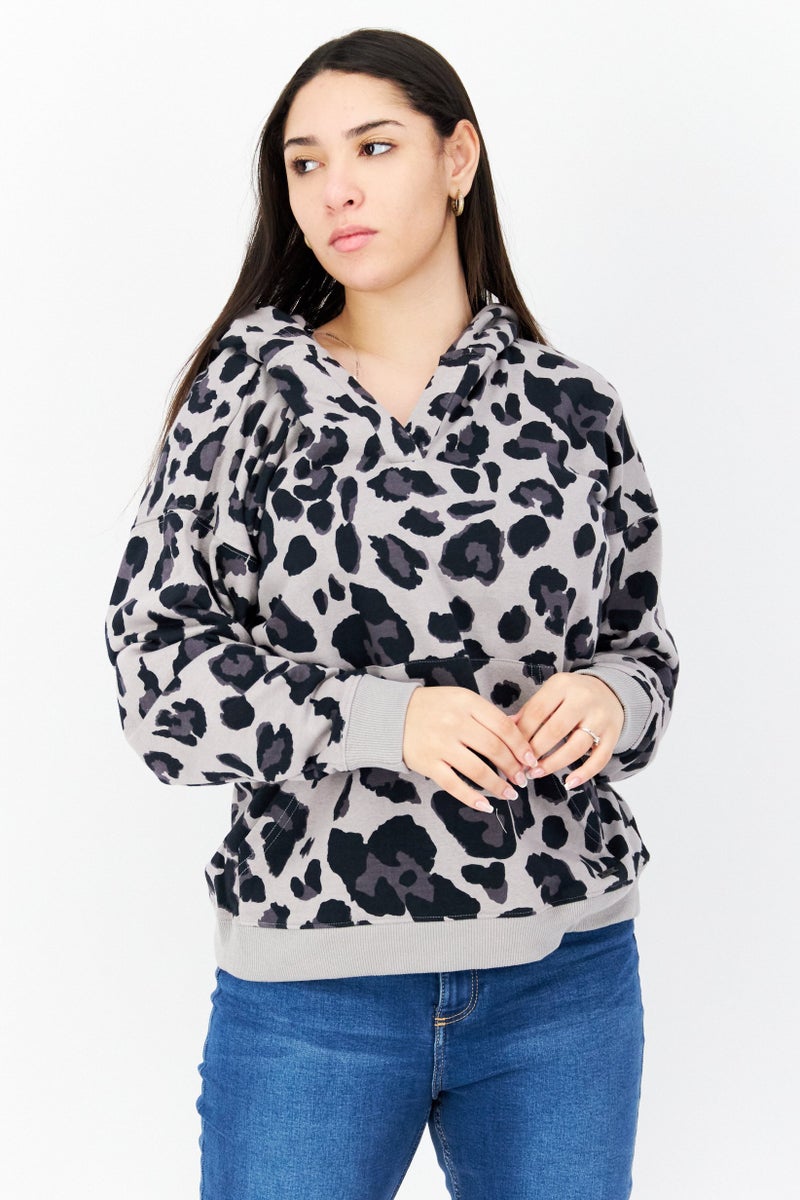 Women Hooded Long Sleeve Animal Print Sweatshirt, Black Combo