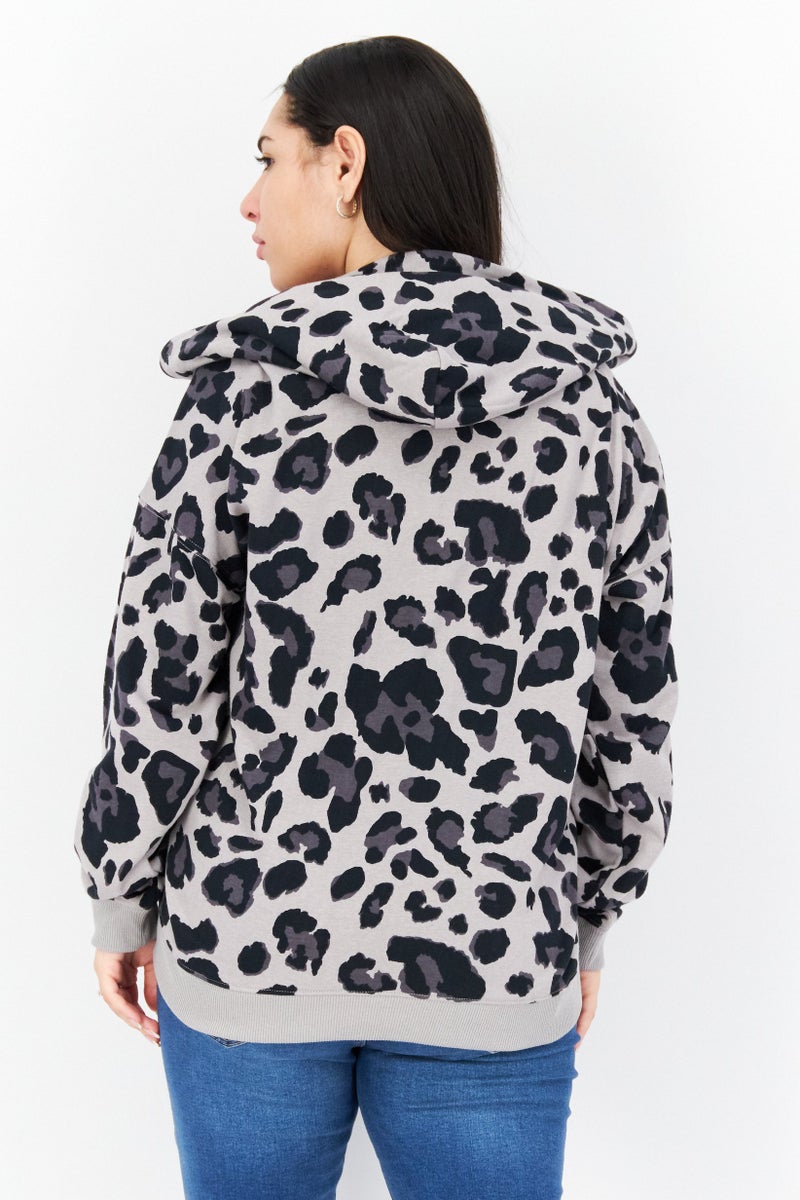 Women Hooded Long Sleeve Animal Print Sweatshirt, Black Combo