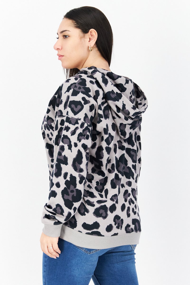 Women Hooded Long Sleeve Animal Print Sweatshirt, Black Combo