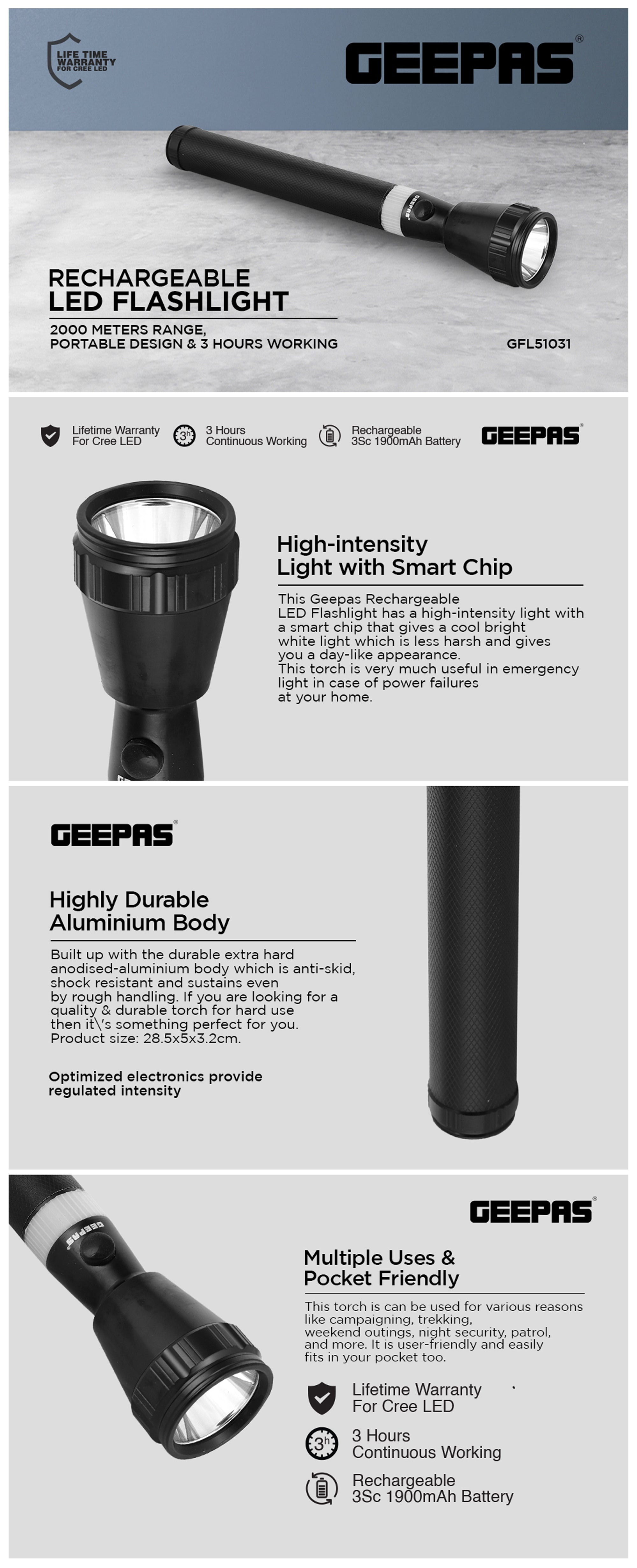 Rechargeable LED Flashlight - LED Torch with 2000 Meters Range, Portable Design & 4 Hours Working |Perfect for Camping Bicycle Hiking & Emergency Black/White 285mm