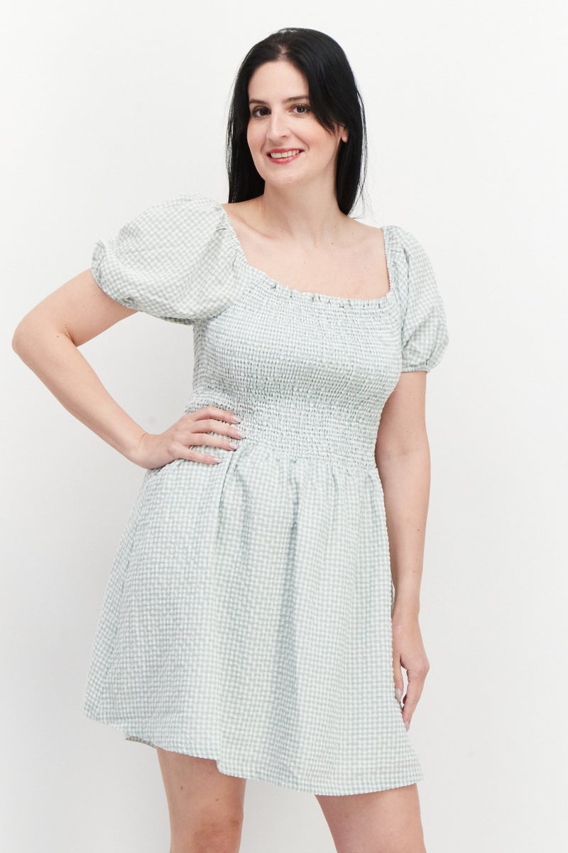 Women Gingham Mini Dress, Green Combo