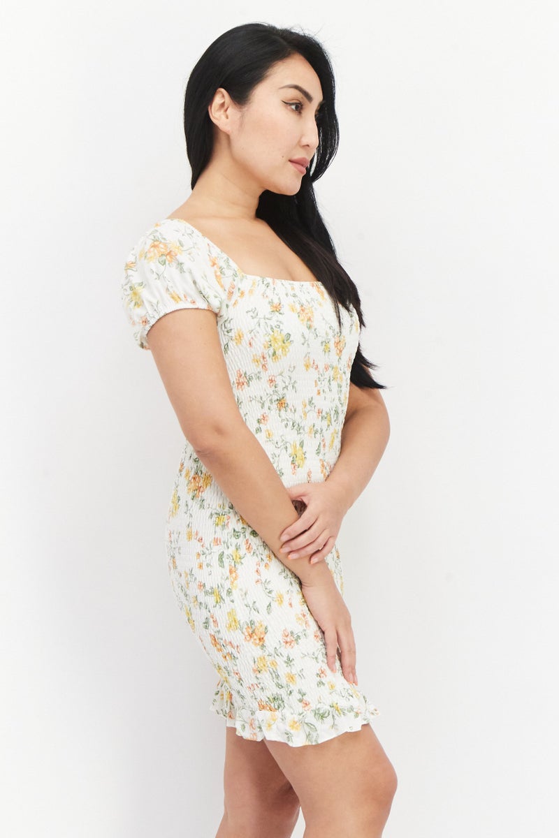 Women Floral Mini Dress, Cream Combo