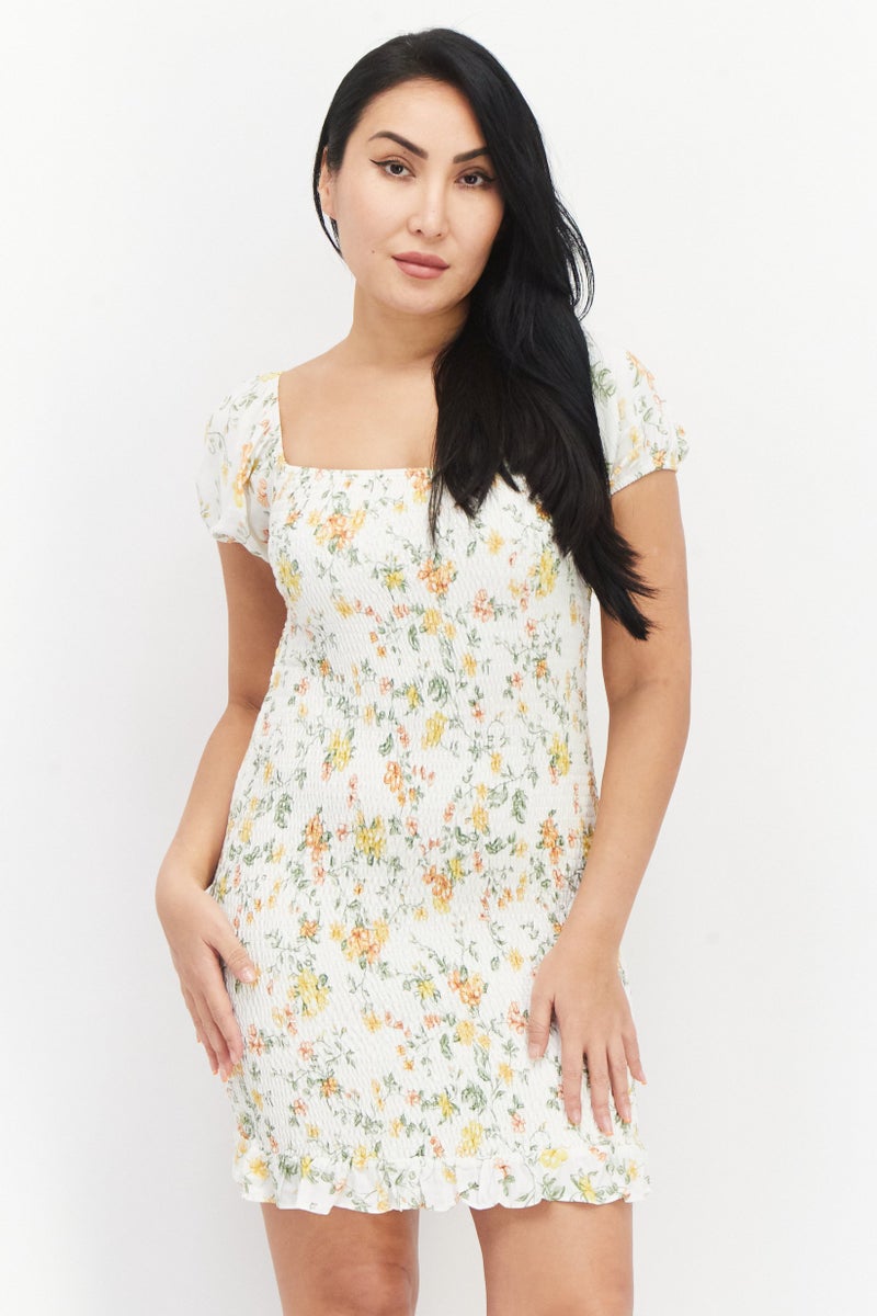 Women Floral Mini Dress, Cream Combo
