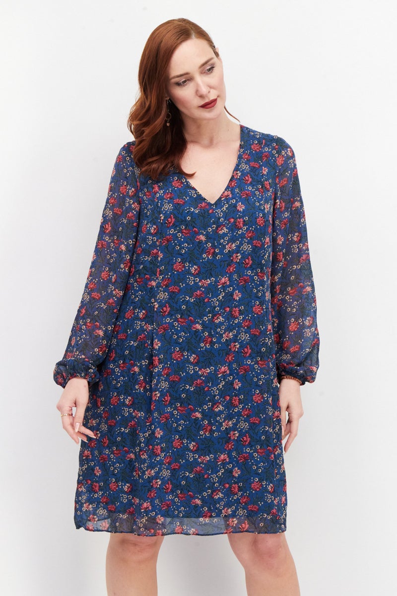 Women Floral Print Tie Back Mini Casual Shift Dress, Teal