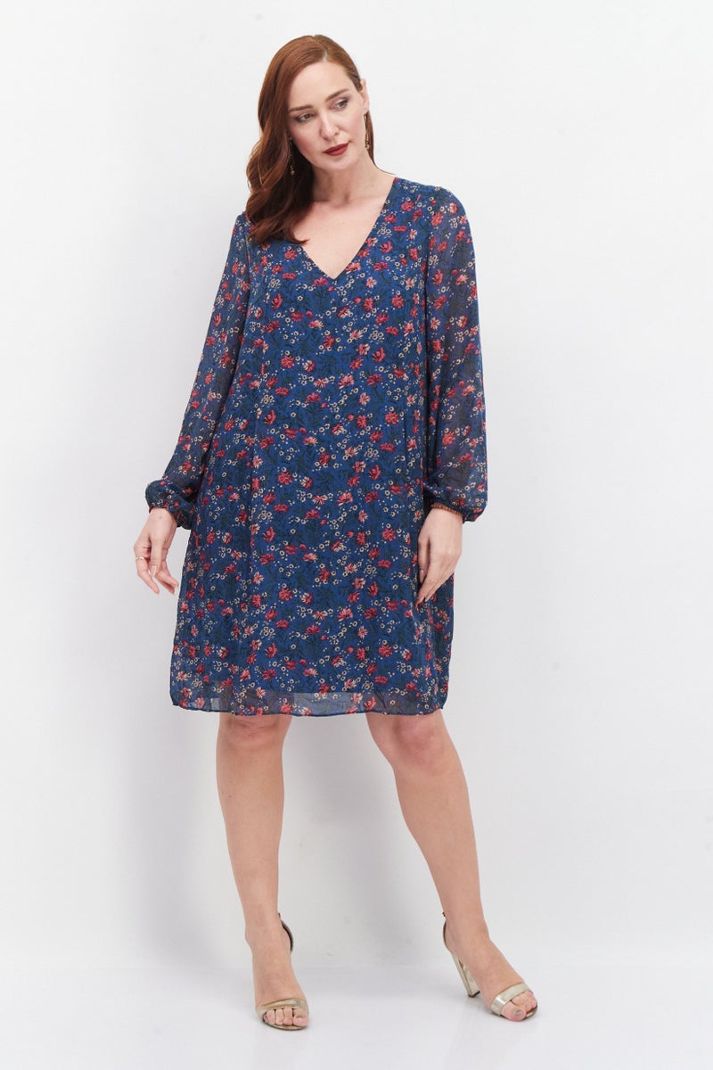 Women Floral Print Tie Back Mini Casual Shift Dress, Teal