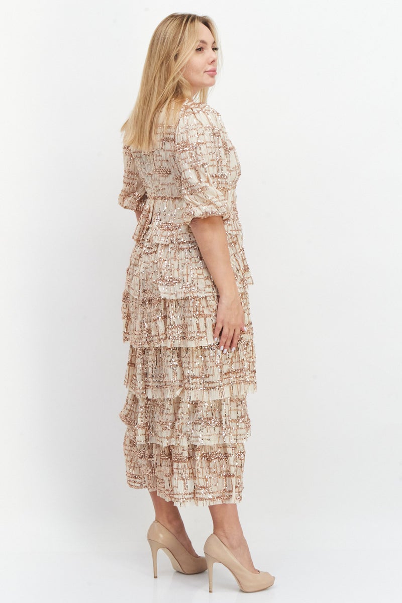 Women Embellished Midi Dress, Beige