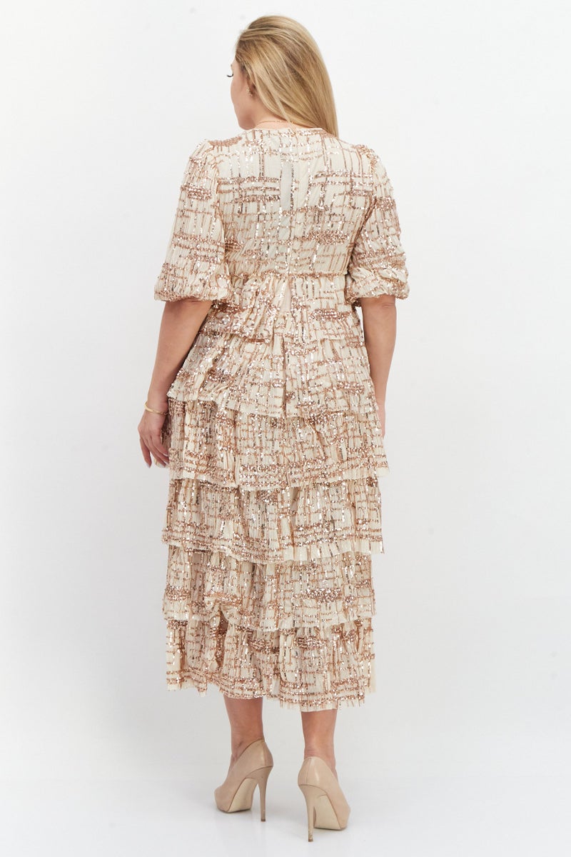 Women Embellished Midi Dress, Beige