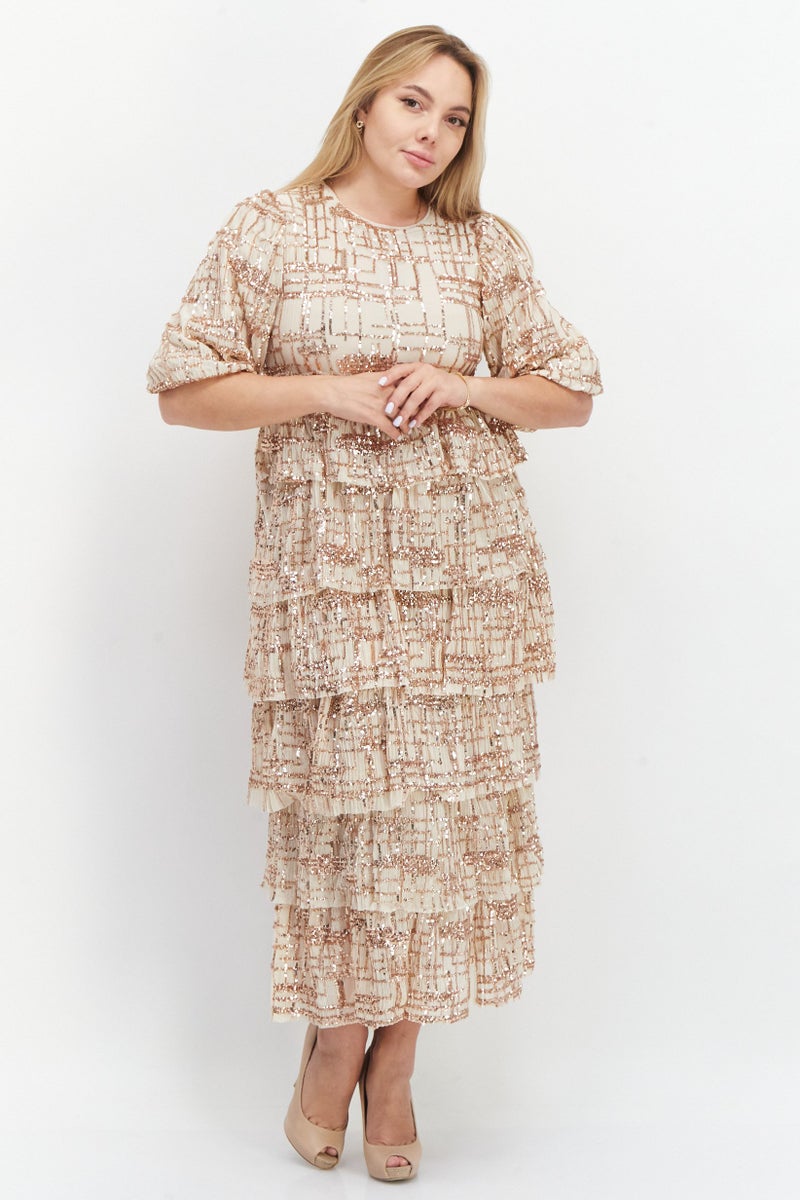 Women Embellished Midi Dress, Beige