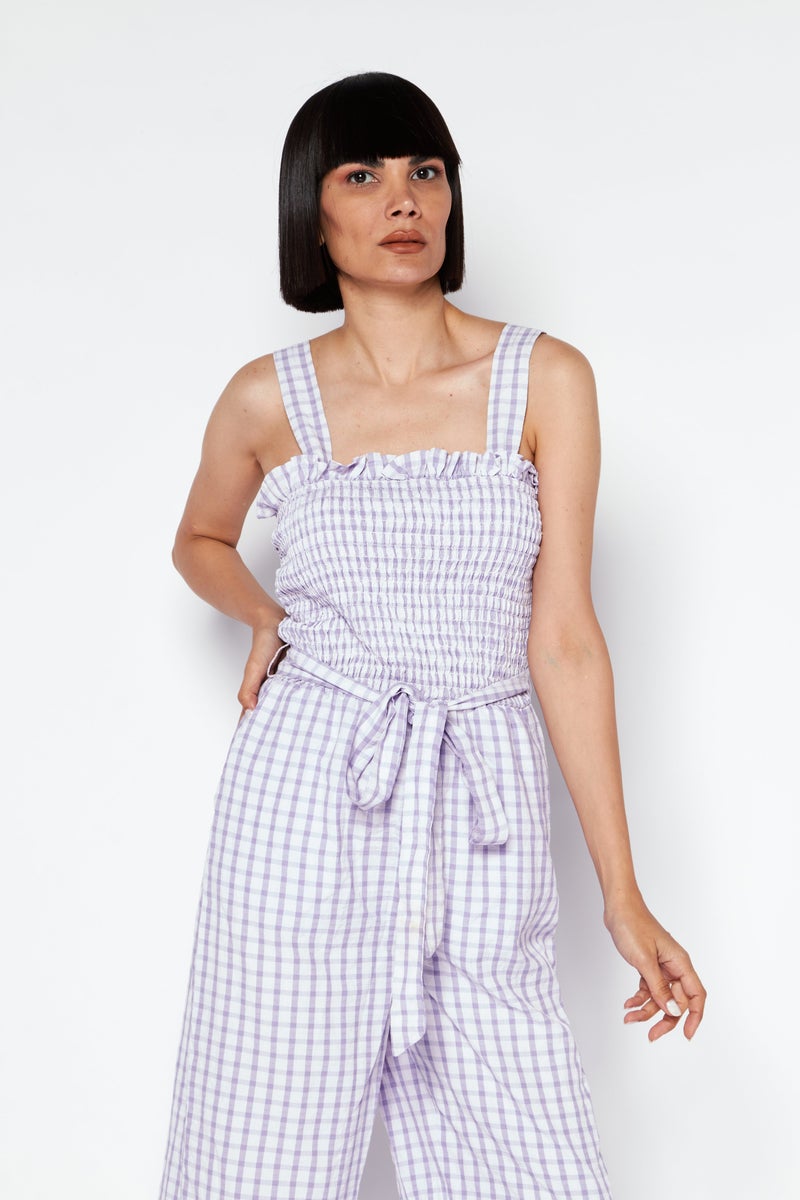 Women Checkered  Sleeveless Jumpsuit, Purple Combo