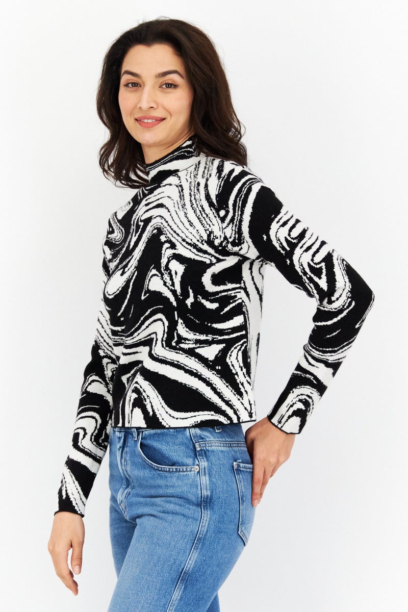 Women Mock Neck Long Sleeve Sweater, Black/White