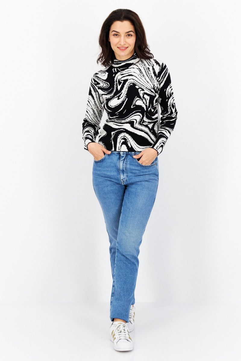 Women Mock Neck Long Sleeve Sweater, Black/White