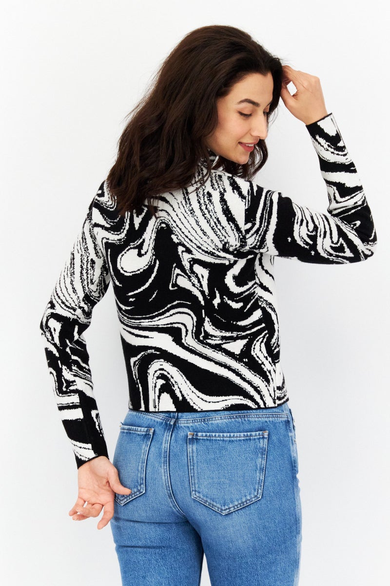 Women Mock Neck Long Sleeve Sweater, Black/White