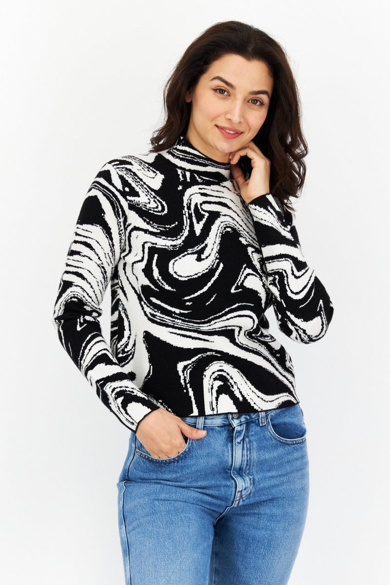 Women Mock Neck Long Sleeve Sweater, Black/White