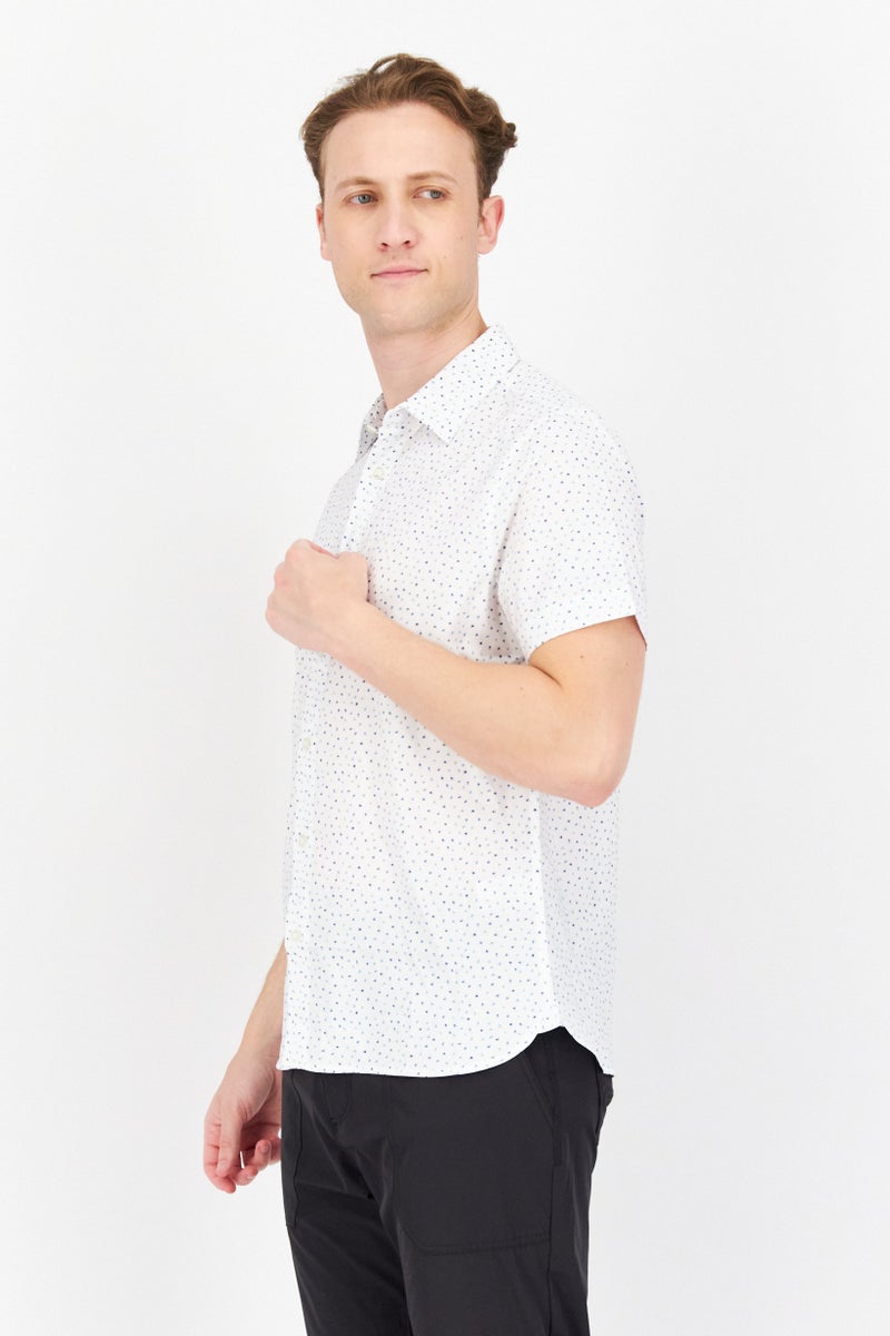 Men Stretch Fit Short Sleeve All Over Printed Casual Shirt, White Combo