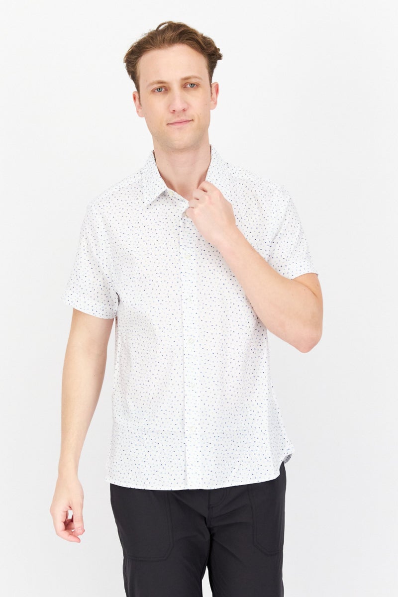 Men Stretch Fit Short Sleeve All Over Printed Casual Shirt, White Combo