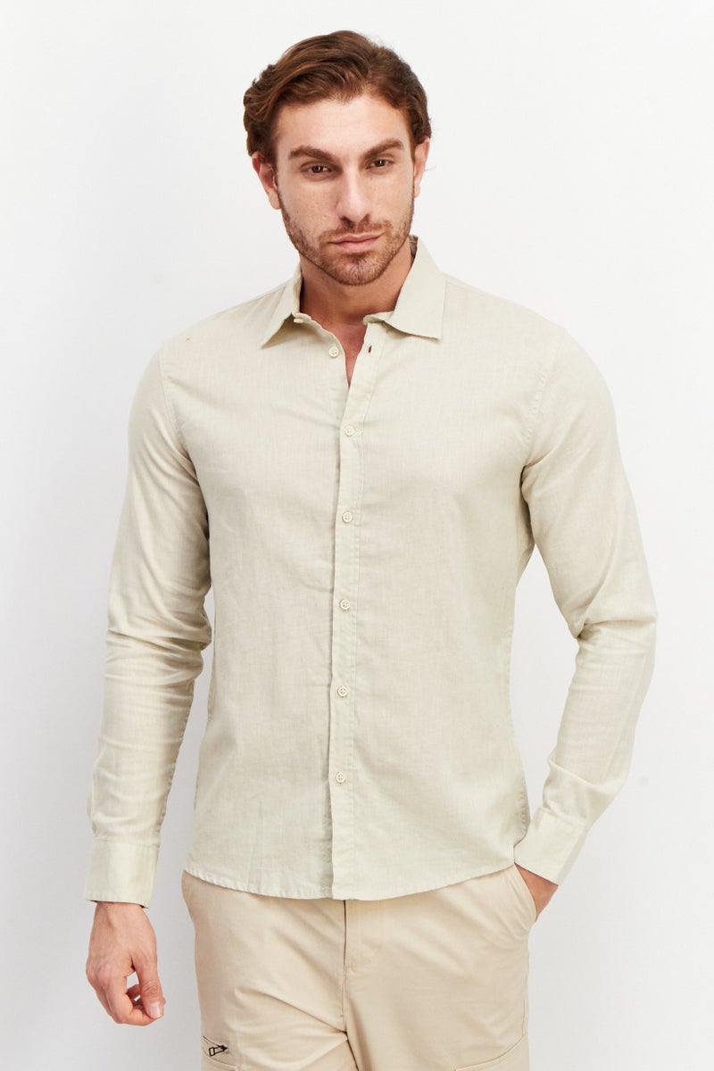 Men Regular Fit Plain Long Sleeve Casual Shirts, Ivory