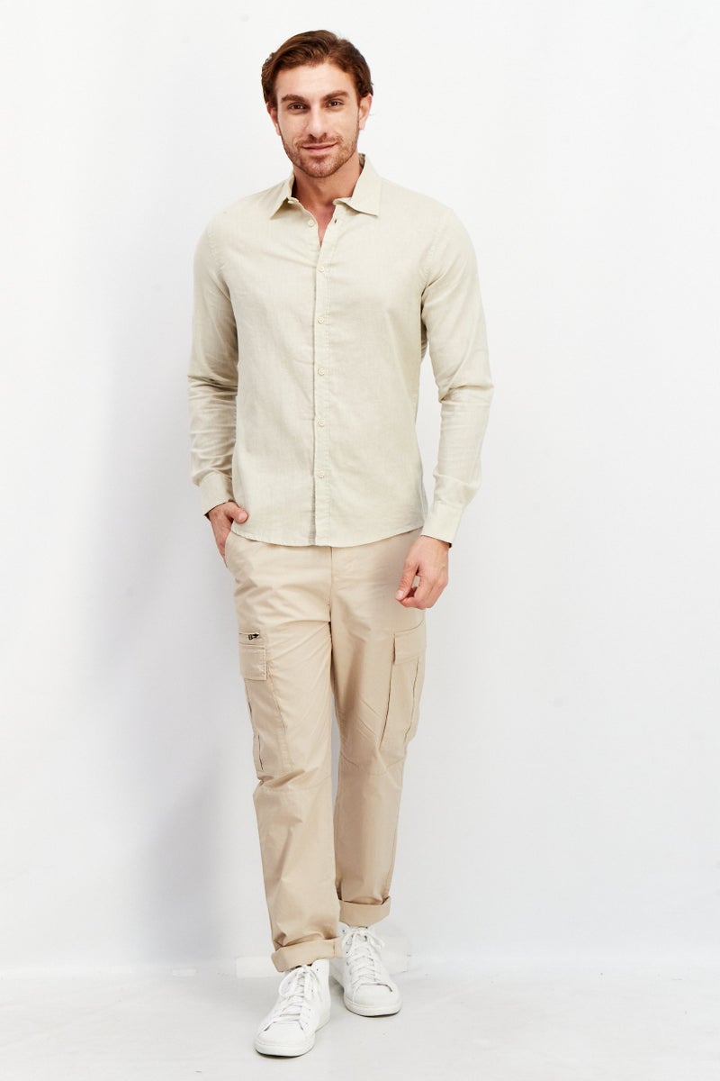 Men Regular Fit Plain Long Sleeve Casual Shirts, Ivory