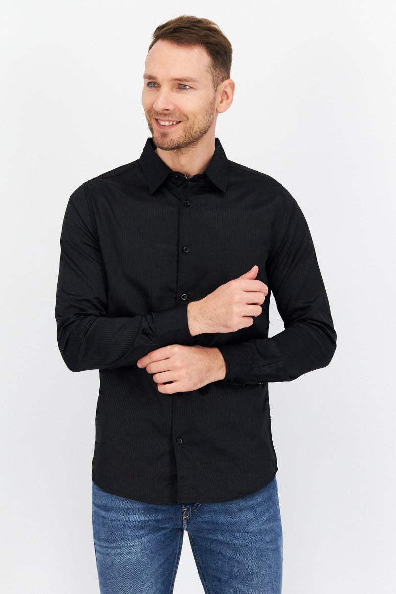 Men Regular Fit Stripe Long Sleeve Casual Shirt, Black