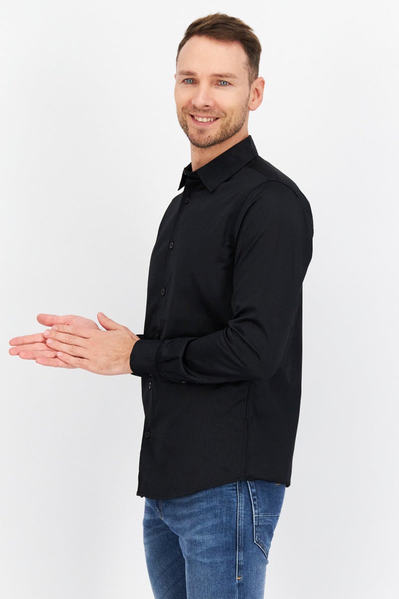 Men Regular Fit Stripe Long Sleeve Casual Shirt, Black