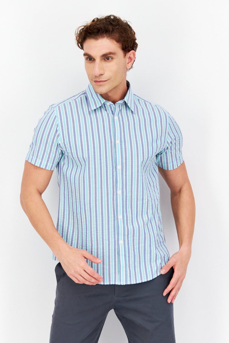 Men Regular Fit Stripe Print Short Sleeve Casual Shirt, Blue/ Lime Green