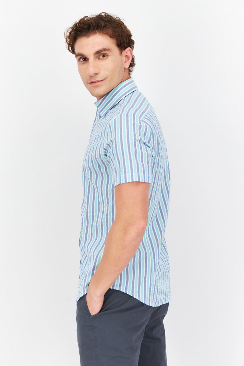 Men Regular Fit Stripe Print Short Sleeve Casual Shirt, Blue/ Lime Green