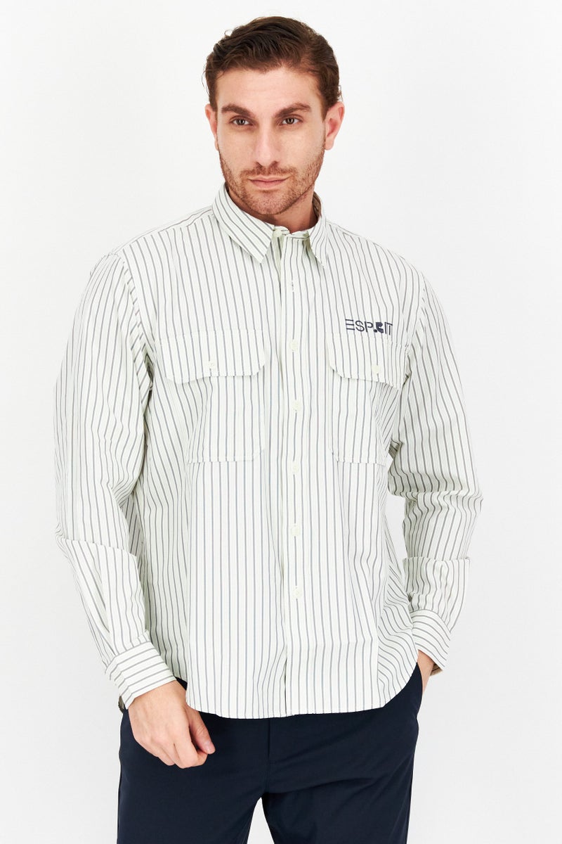 Men Regular Fit Long Sleeve Two Chest Pocket Stripe Casual Shirts, Off White/Grey