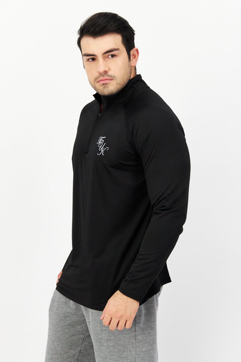 Men Brand Logo Long Sleeve Half Zip Sweatshirt, Black