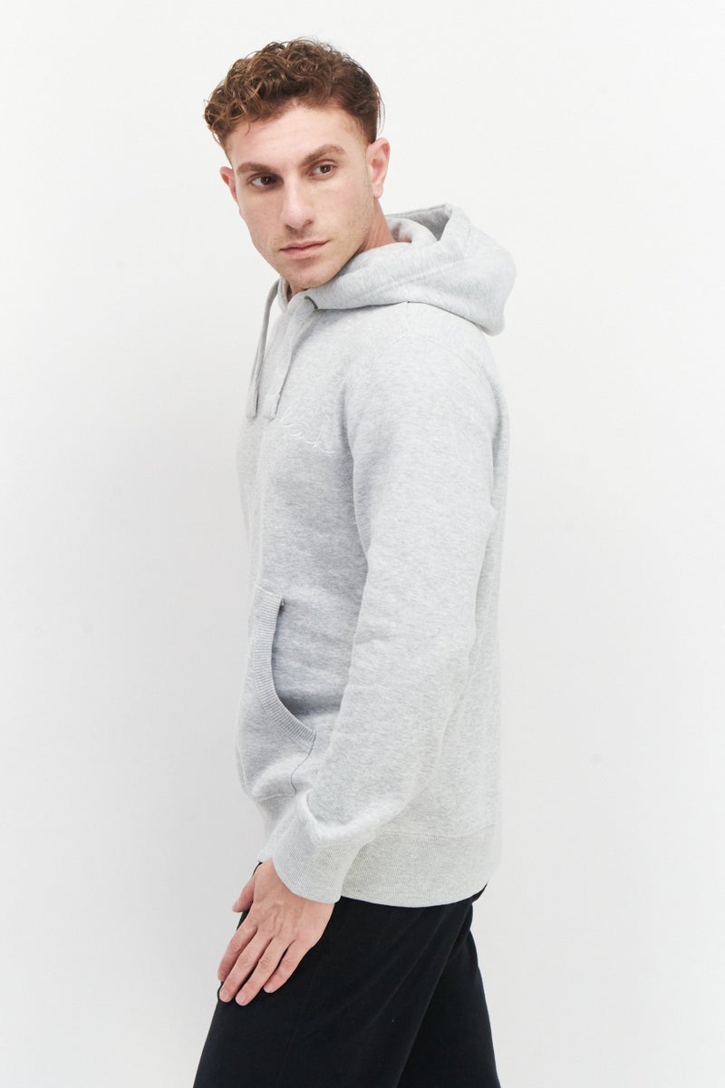 Men Embroidered Long Sleeve Hoodie, Light Grey