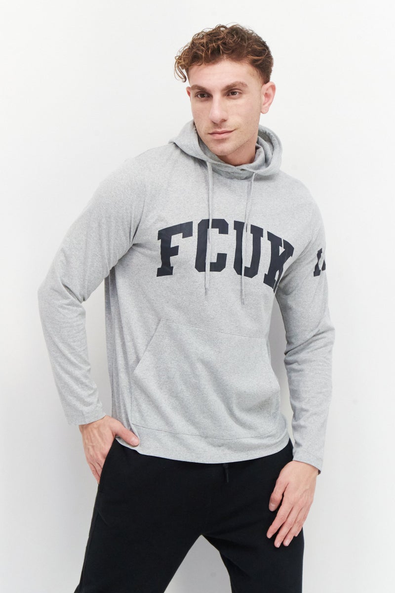 Men Long Sleeve Brand Logo Hoodie, Grey Marl