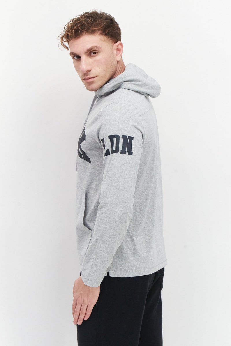 Men Long Sleeve Brand Logo Hoodie, Grey Marl