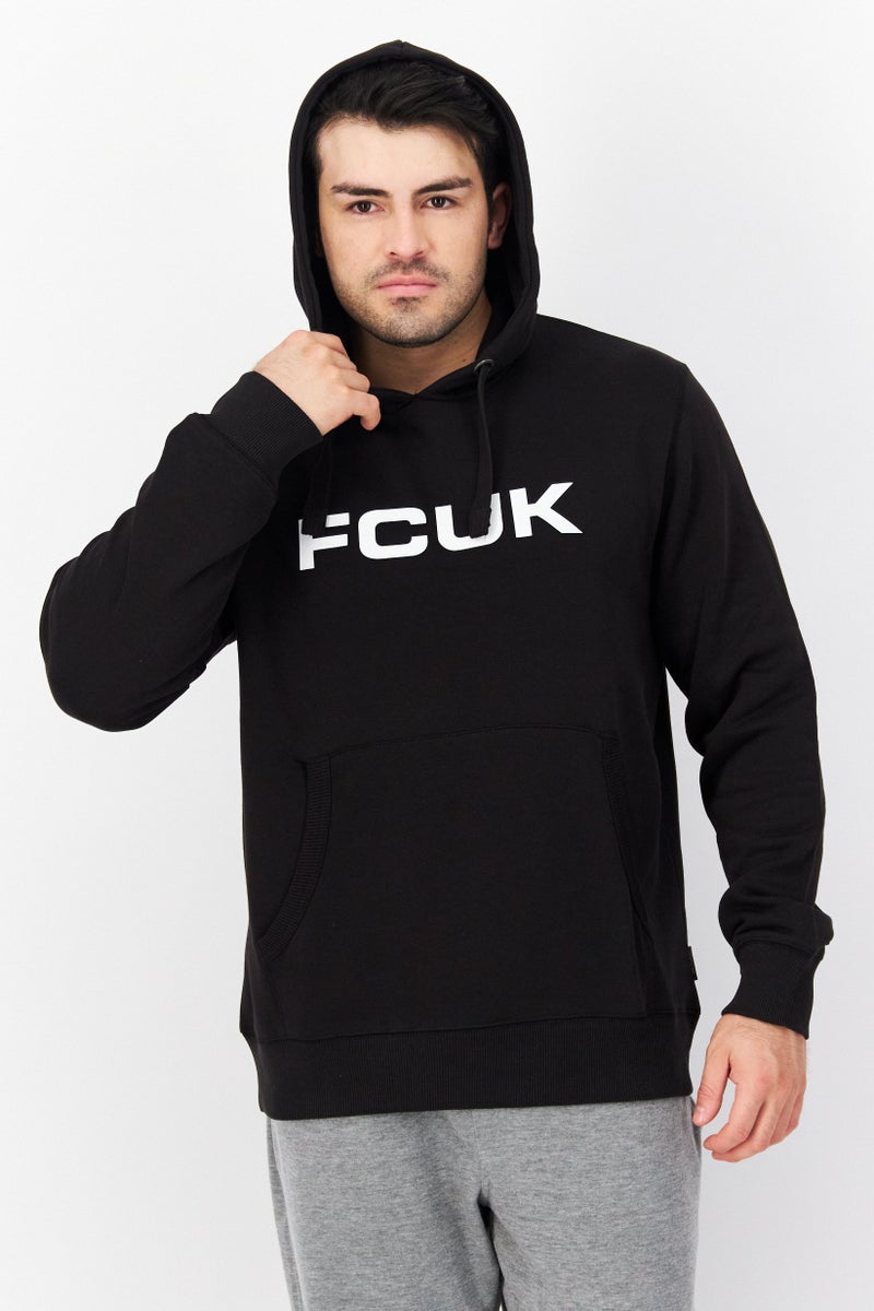 Men Hooded Brand Logo Long Sleeves Sweatshirt, Black/White