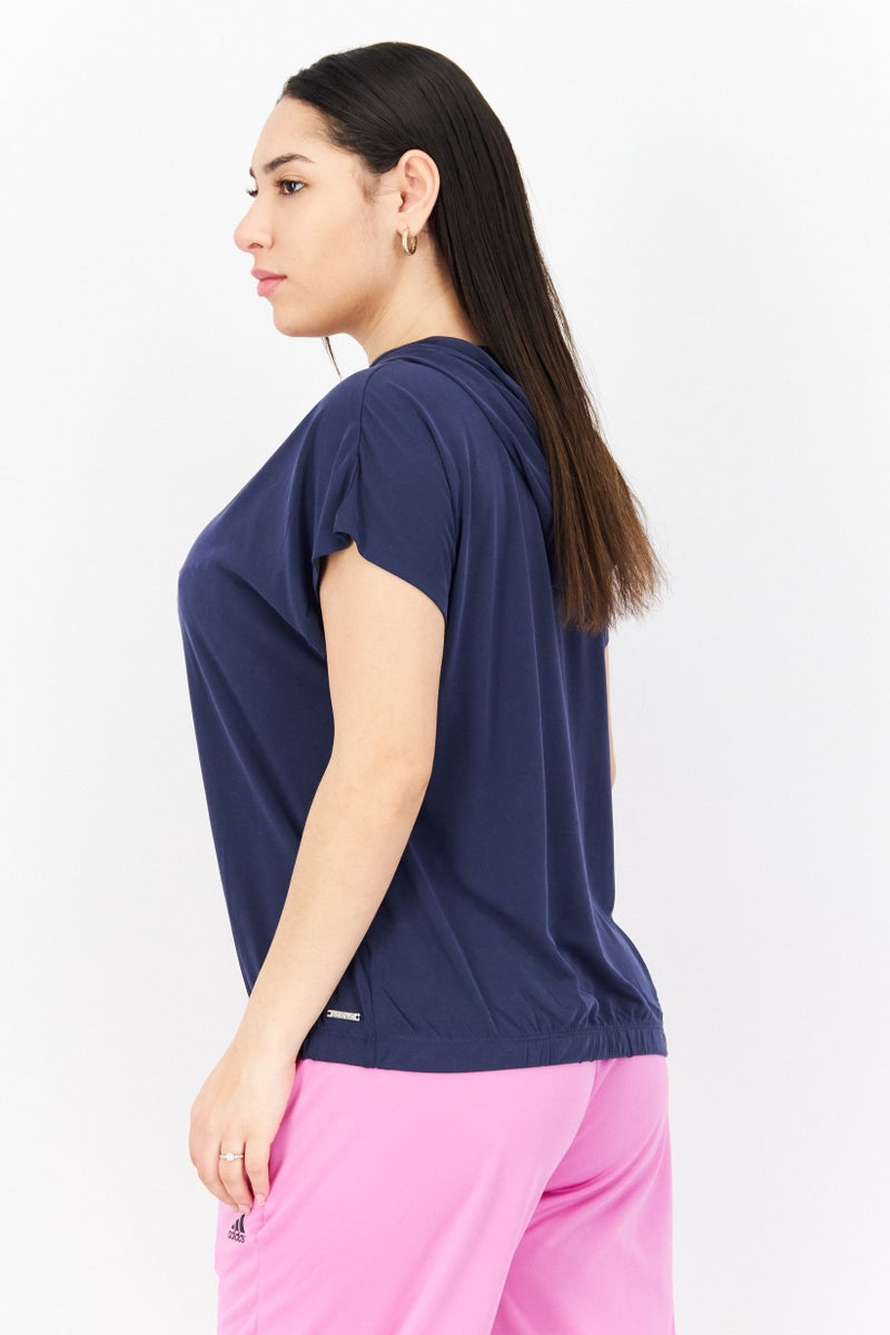 Women Hooded Neck Short Sleeve Plain Top, Navy