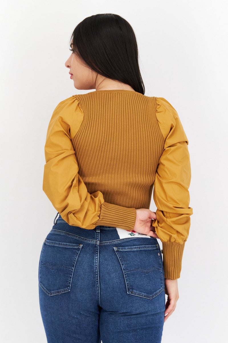 Women U Neck Long Sleeves Ribbed Top, Tan