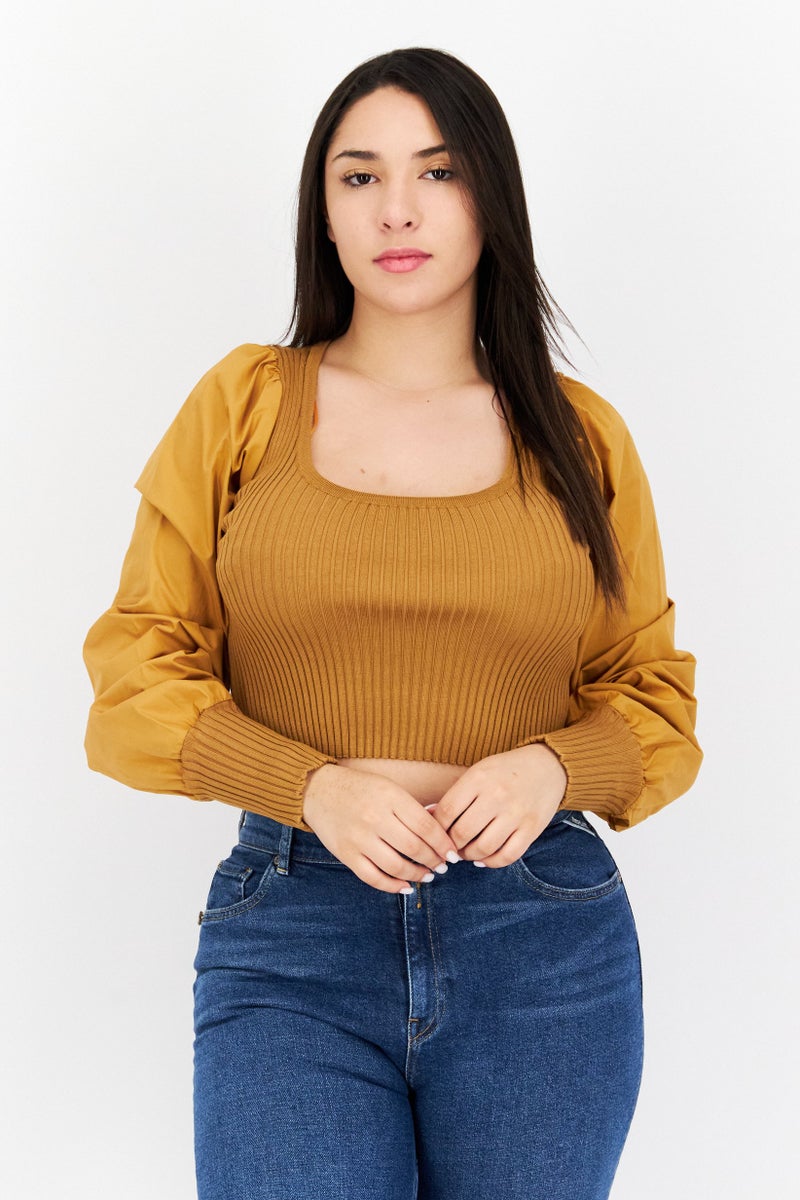 Women U Neck Long Sleeves Ribbed Top, Tan