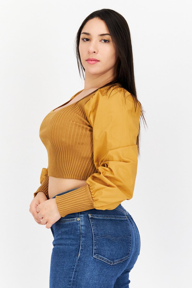 Women U Neck Long Sleeves Ribbed Top, Tan