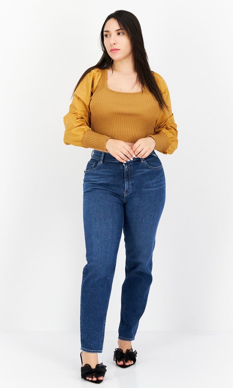 Women U Neck Long Sleeves Ribbed Top, Tan
