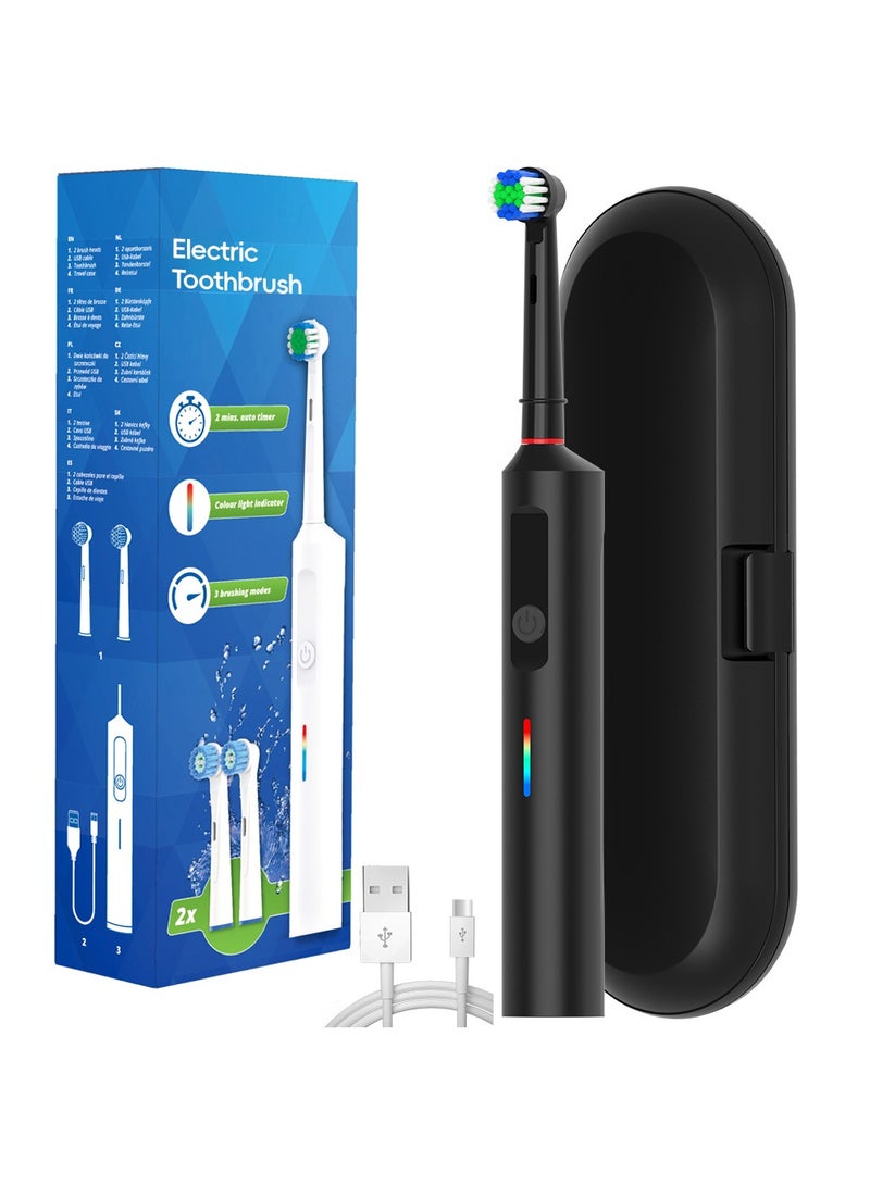 Rotating Electric Toothbrush, 3 Modes USB Fast Rechargeable Rotary Electric Toothbrush with Timer, Travel Case and 2 Brush Heads