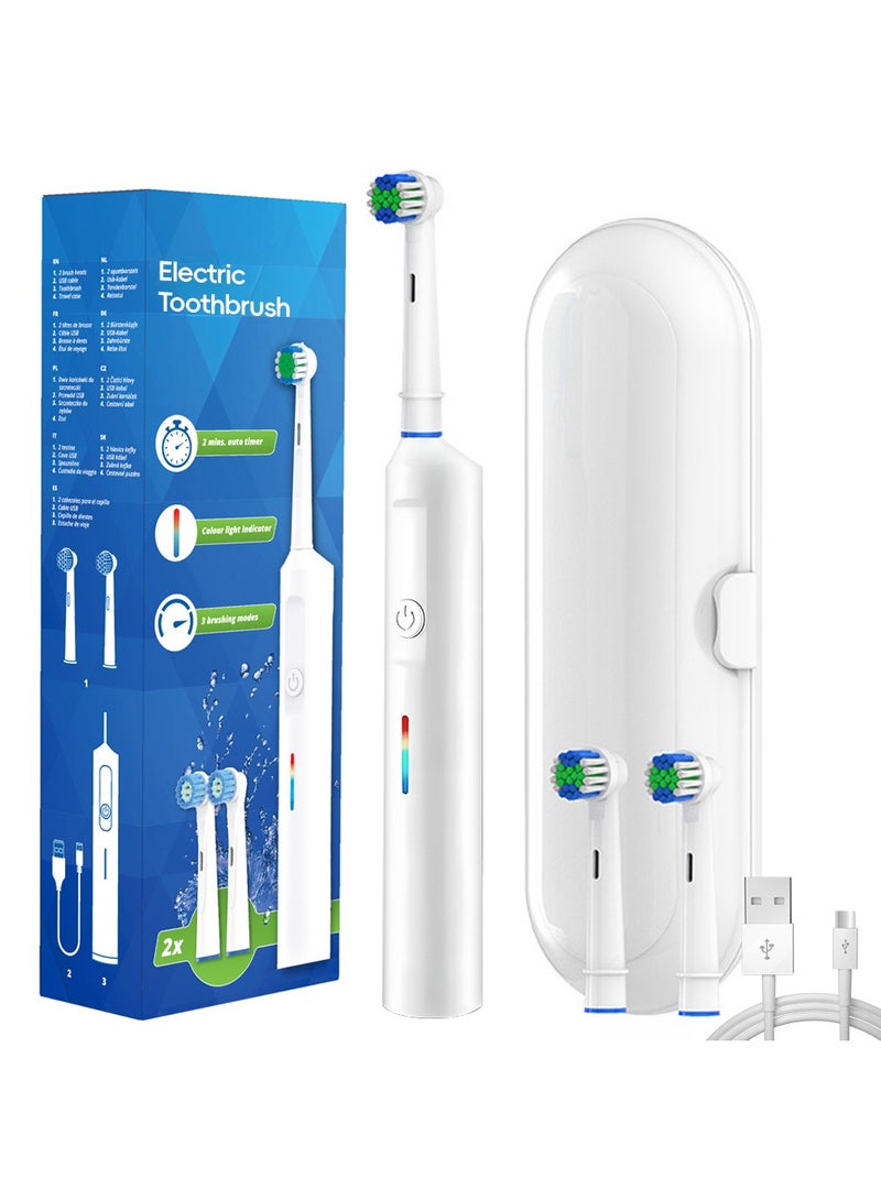 Rotating Electric Toothbrush, 3 Modes USB Fast Rechargeable Rotary Electric Toothbrush with Timer, Travel Case and 2 Brush Heads