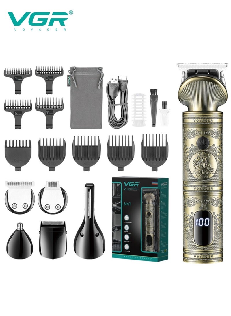 VGR 6in1 Trimmer and Shaver Hair Clipper 1200mAh Battery 90 Minutes Working Time with 10 Pcs Guide Comb Grooming Kit with LED Display for Home Travel Outdoor Dormitory Office Car V-106