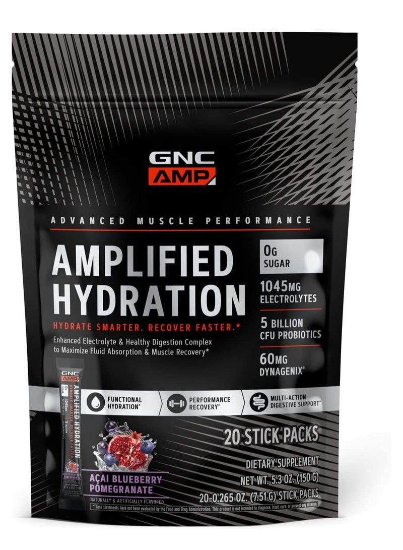 GNC AMP Amplified Hydration | Enhanced Electrolyte & Healthy Digestion Complex | Acai Blueberry Pomegranate | 20 Count