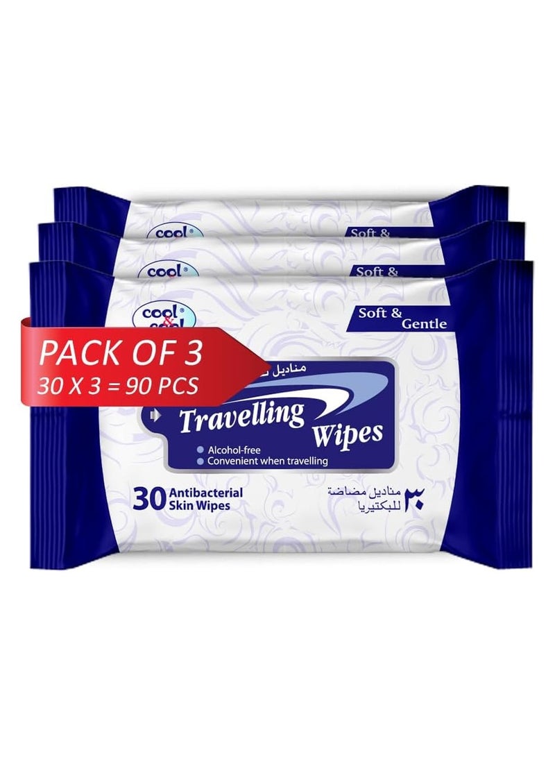 Travelling Wipes - 30's (Pack of 3) - Convenient For Travel,Antibacterial Skin Wipes With Vitamin E, Aloe Vera Gel & Herb Extract 90Wipes