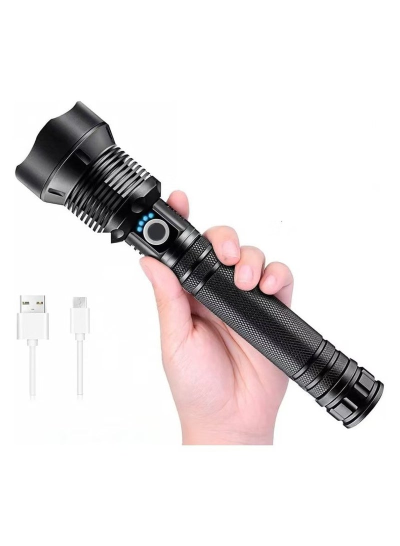 New rechargeable LED flashlight with high lumens, 90000 lumens ultra bright variable zoom waterproof flashlight, with battery and 3 modes, suitable for powerful handheld flashlight in camping emergency situations