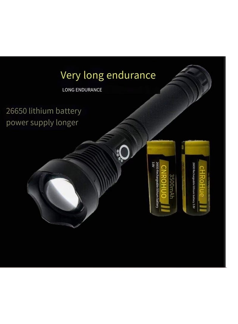 New rechargeable LED flashlight with high lumens, 90000 lumens ultra bright variable zoom waterproof flashlight, with battery and 3 modes, suitable for powerful handheld flashlight in camping emergency situations